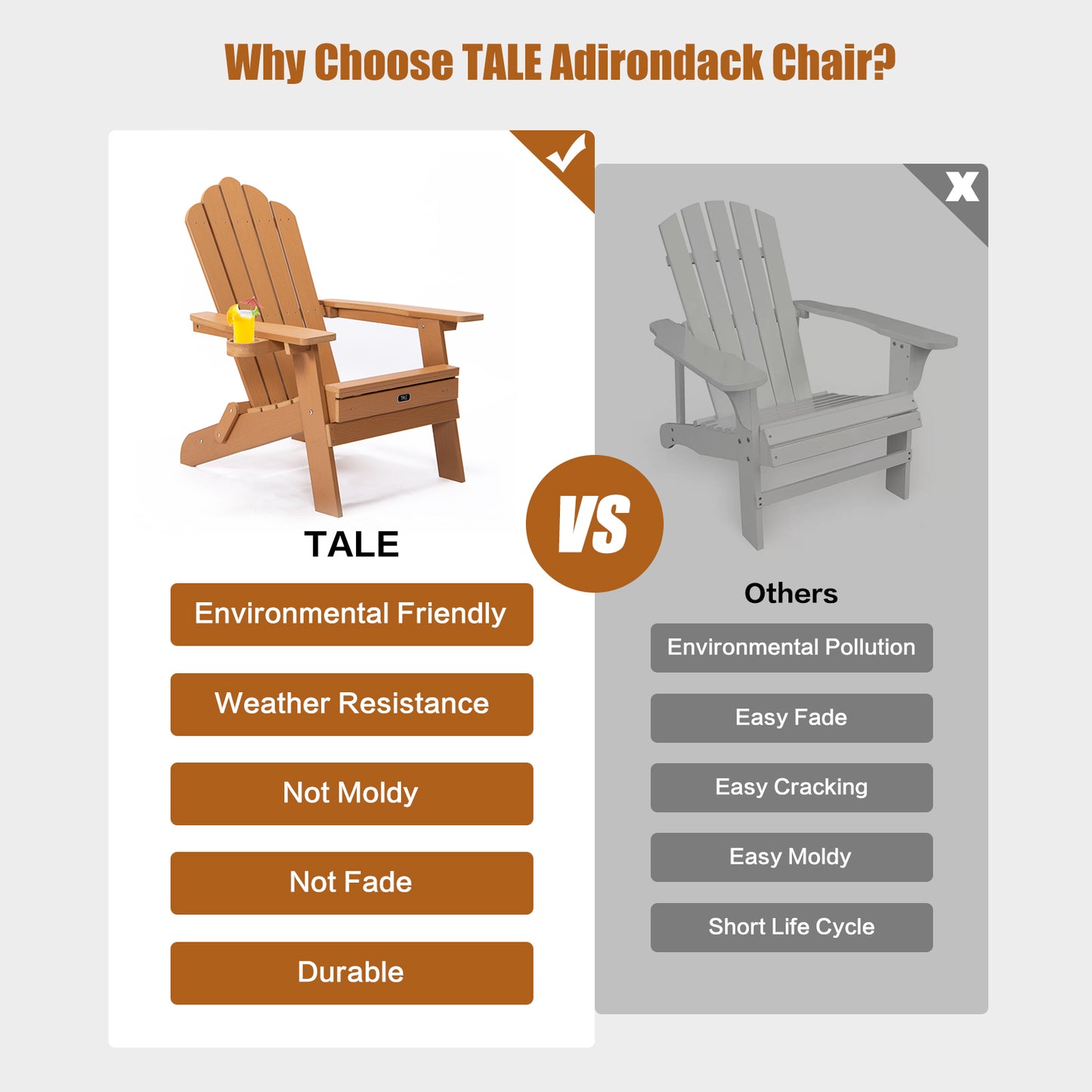 TALE Klappbarer Adirondack-Stuhl mit ausziehbarem Ottomanen und Becherhalter