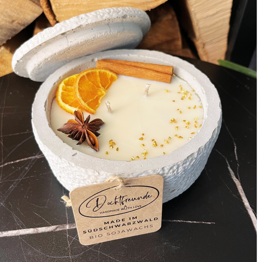 Beton-Duftkerze mit Deckel „Grey Cinnamon“ – Walnuss & Toffee
