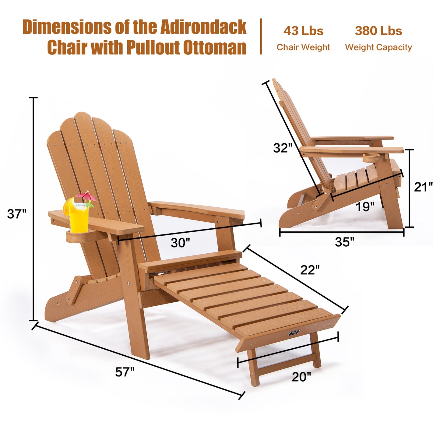 TALE Klappbarer Adirondack-Stuhl mit ausziehbarem Ottomanen und Becherhalter