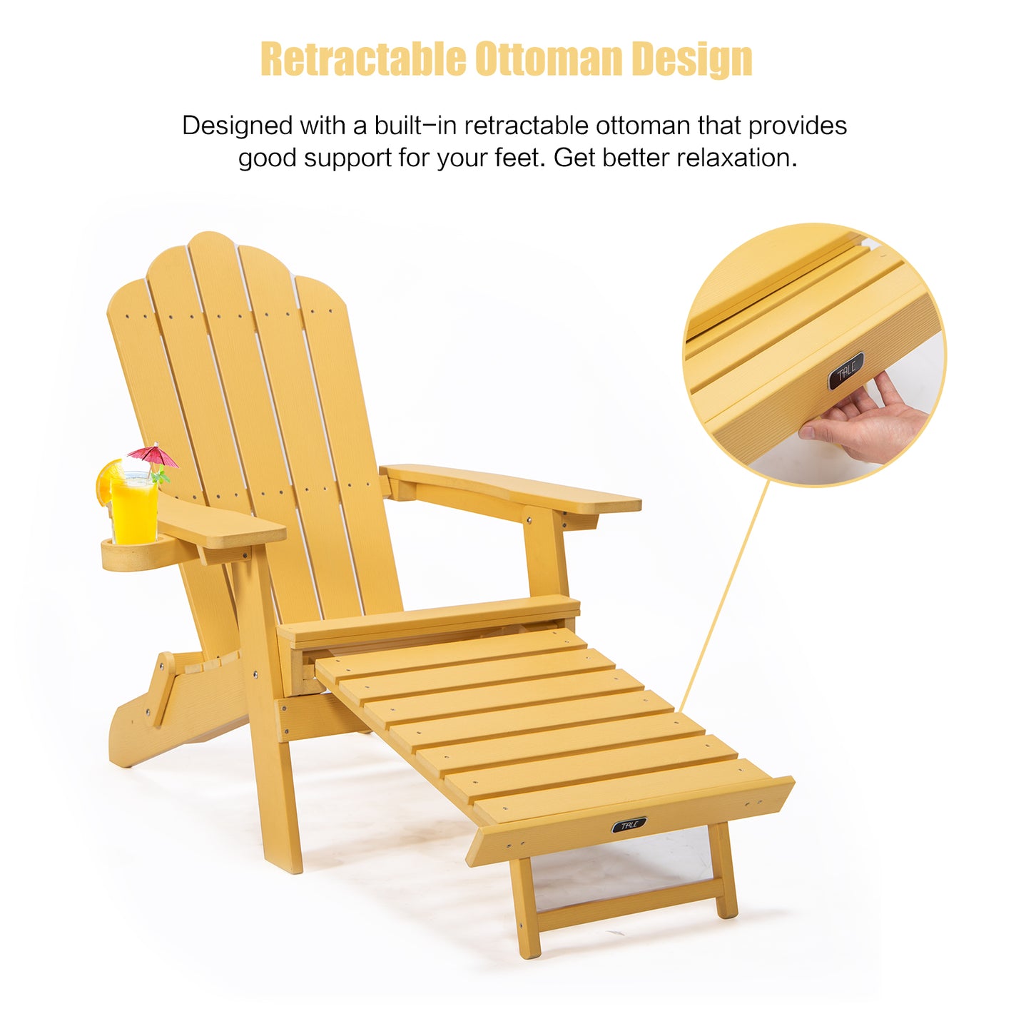TALE Klappbarer Adirondack-Stuhl mit ausziehbarem Ottomanen und Becherhalter