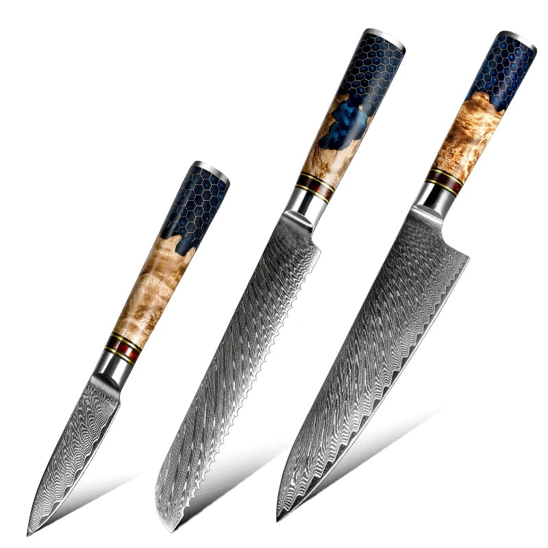 Damast Messerset Japanische Stahlkochmesser Santoku Paring Entbeinungs-Brotmesser Metzgerwerkzeuge Waben-Griff NEU