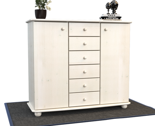 Anika Kommode Sideboard | Anrichte | 2-Türig | 6-Schubladen | 100% Bio Kiefer Massivholz