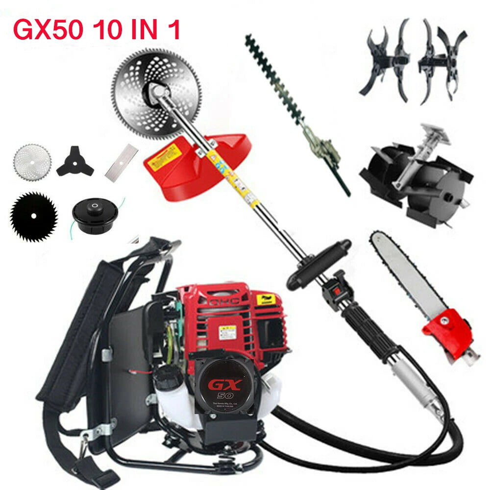 GX50 Rucksack 10-in-1 Motorsense 4-Takt-Motor Benzin-Rasentrimmer Rasenschneider Fräse Werkzeug