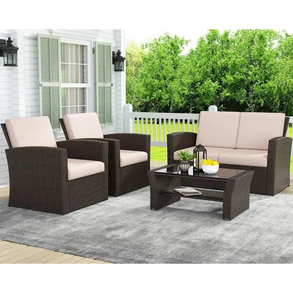 Garten-Set, Rattan mit Kissen in Braun