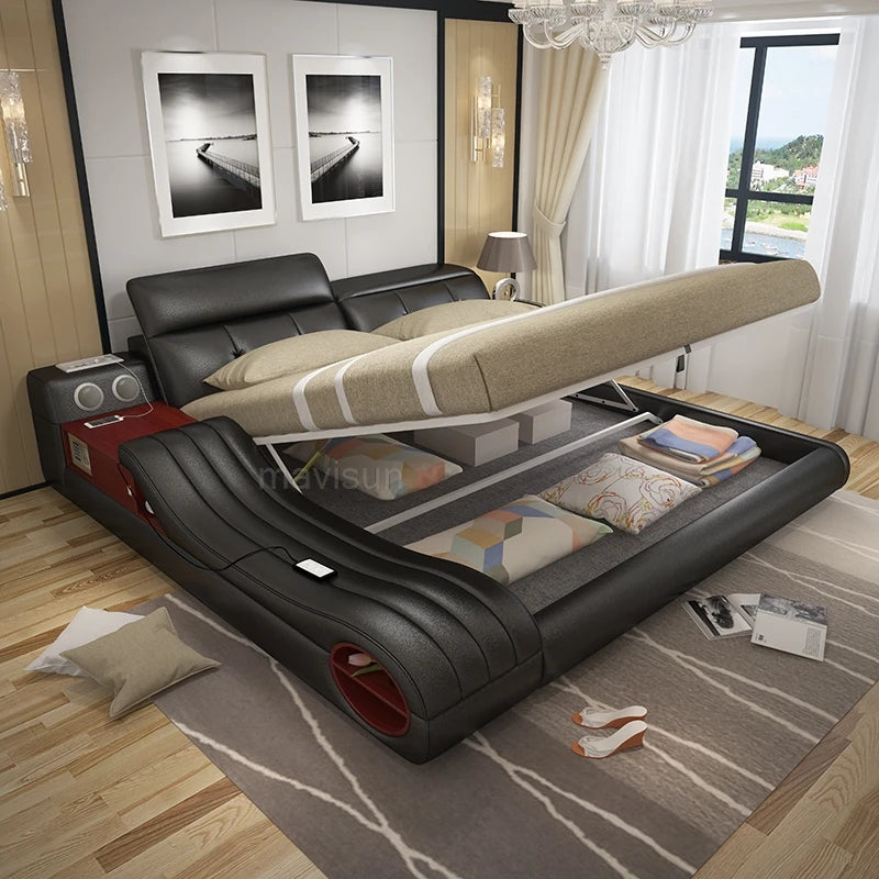 Modernes Luxus-Multifunktionsbett mit echtem Leder