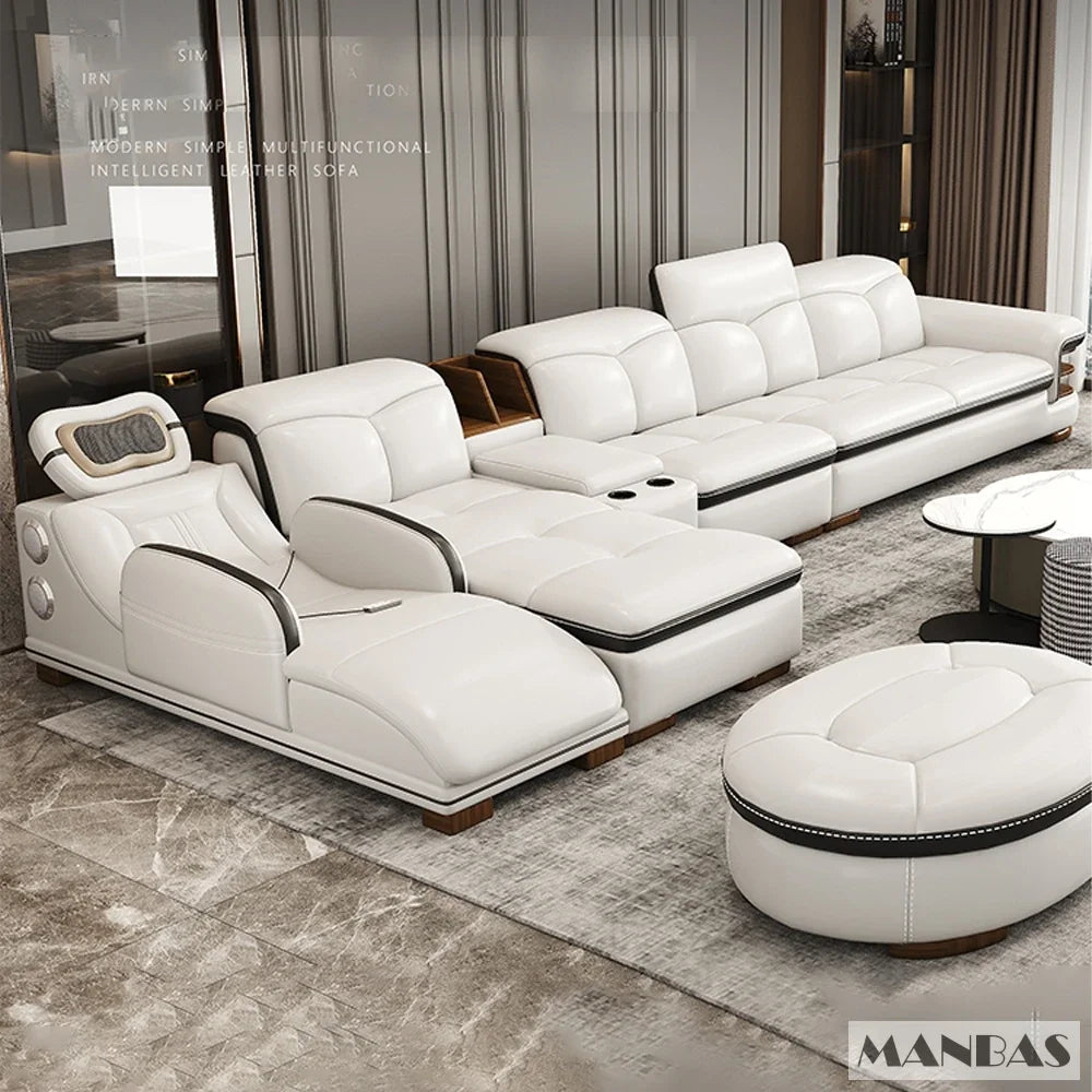 Luxuriöses L-förmiges Echtleder-Sofa mit Bluetooth-Lautsprecher - Linlamlim Wohnzimmer Italienisches Ledersofa mit Massage