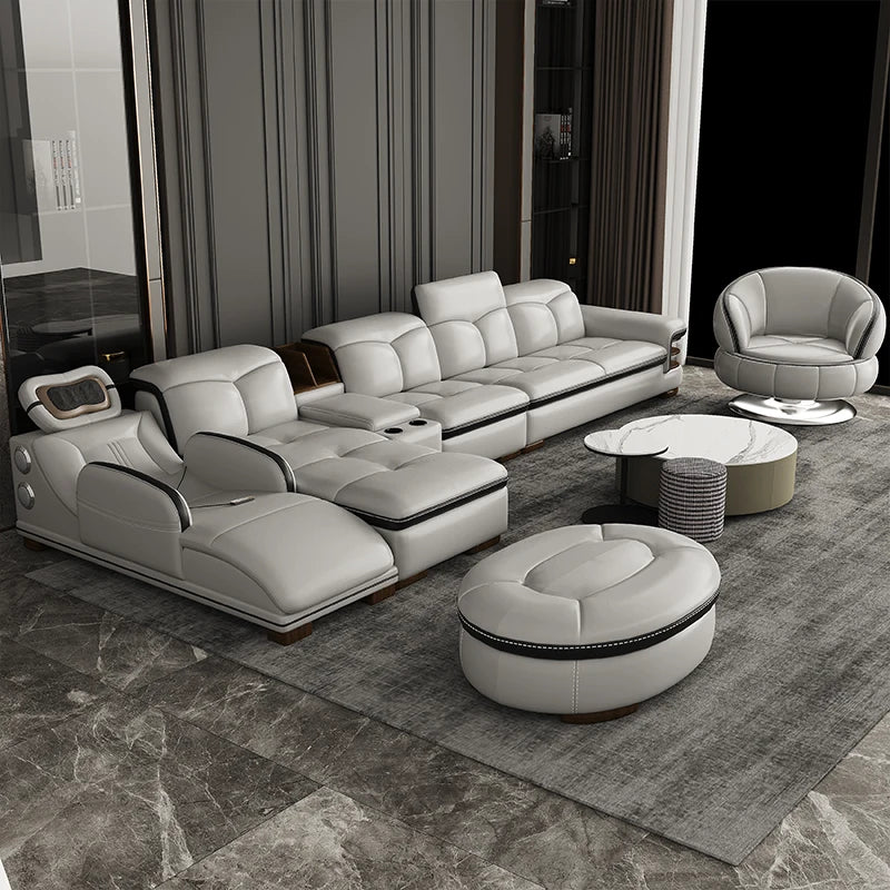 Luxuriöses L-förmiges Echtleder-Sofa mit Bluetooth-Lautsprecher - Linlamlim Wohnzimmer Italienisches Ledersofa mit Massage