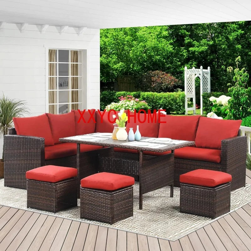 7-teiliges Outdoor-Dining-Set, wetterfestes Rattan-Gesprächsset in Rot