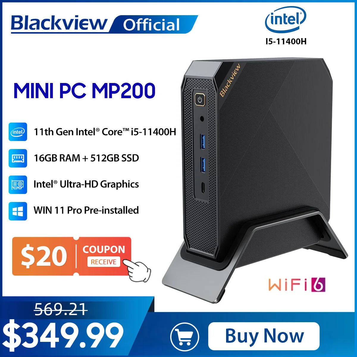 Blackview MP200 Mini PC - 11th Gen Intel I5-11400H - 4.5GHz - 16GB DDR4 - 512GB SSD - WiFi 6 - 4K DH Desktop Computer