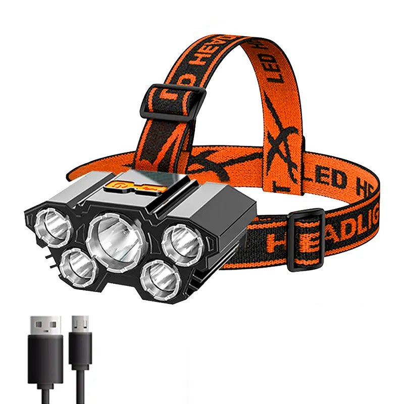 5 LED Stirnlampe Wiederaufladbar mit integriertem 18650 Batterie Starkes Licht Stirnleuchte Camping Abenteuer Angeln Taschenlampe