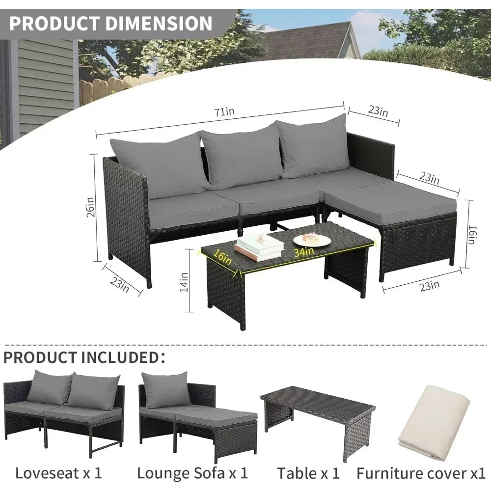 3-Teiliges Outdoor PE Rattan Möbelset Terrasse Schwarz Rattan Couch Gespräch Loveseat Sectional Couch Graue Kissen Garten