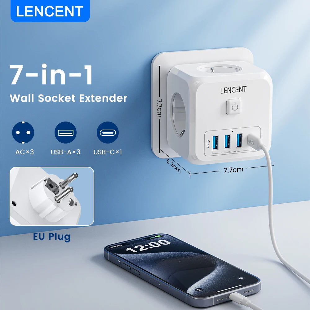 LENCENT Steckdosenverteiler mit 3 AC-Steckdosen 3 USB-Anschlüssen und 1 Typ C 7-in-1 EU-Ladegerät
