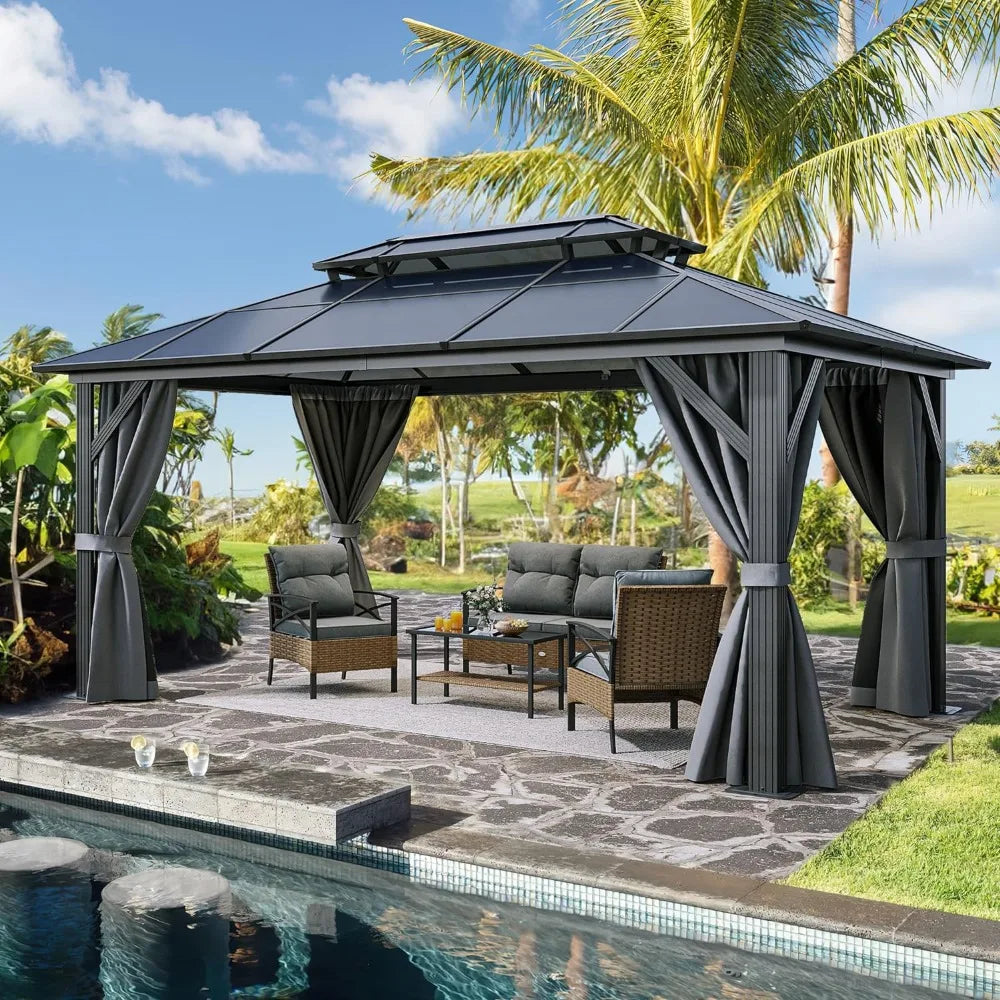 Gartenpavillon aus Polycarbonat mit Doppelstegdach, Netzen und Vorhängen