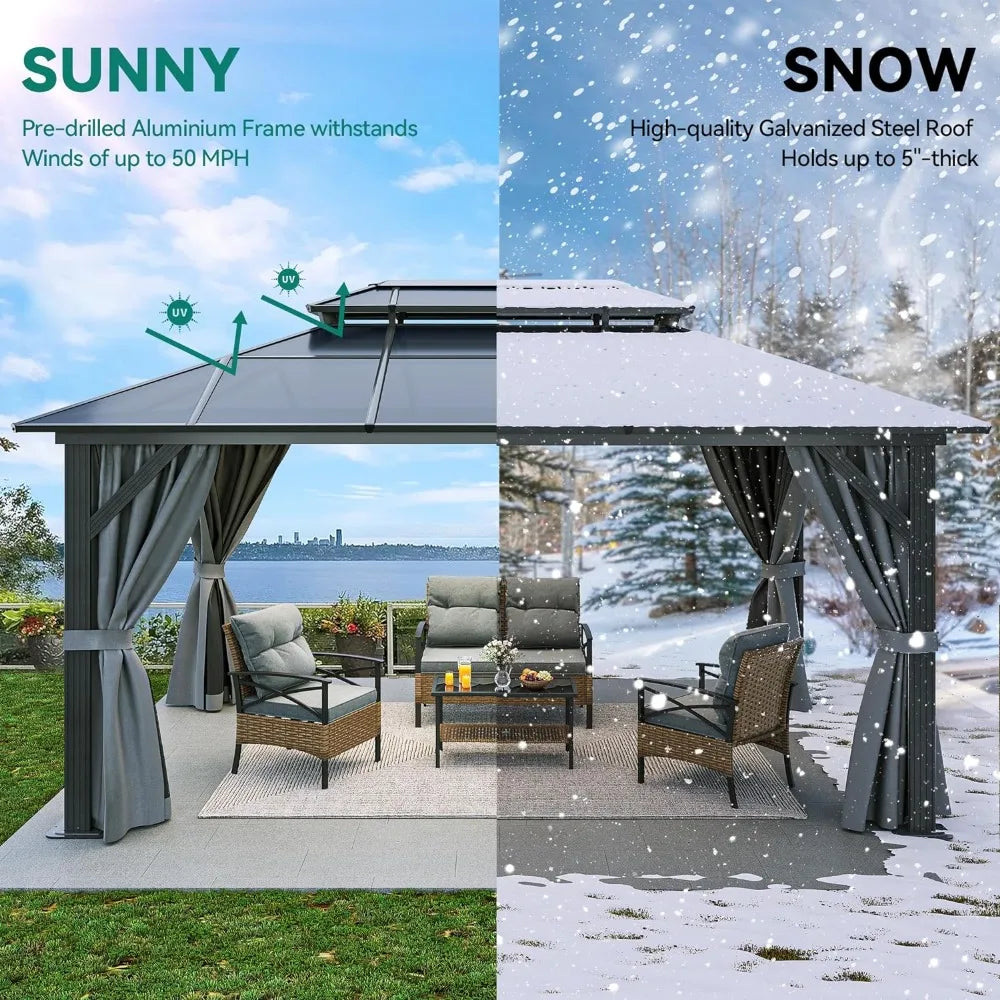 Gartenpavillon aus Polycarbonat mit Doppelstegdach, Netzen und Vorhängen