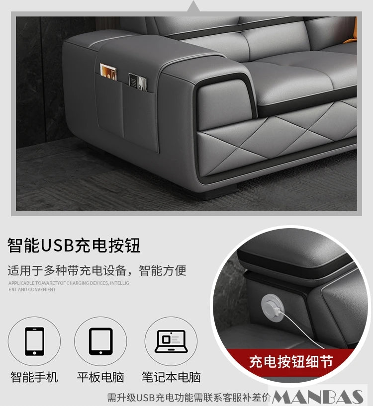 Moderne Echte Leder Ecksofa Sets mit USB-Ladung und Bluetooth-Lautsprecher