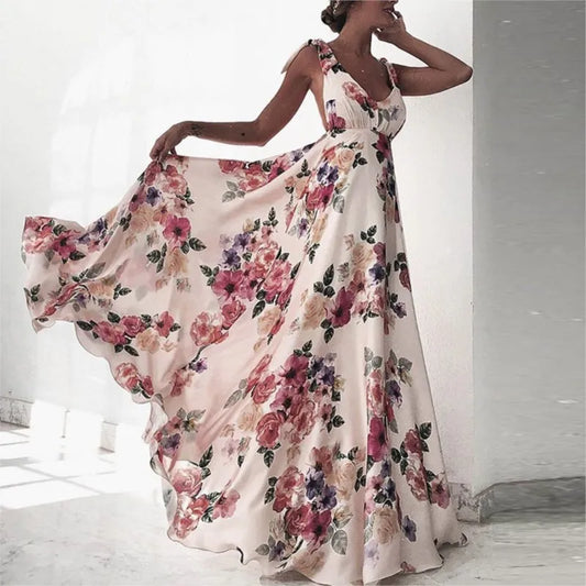 Rückenfreies Blumenkleid - Ärmelloses Maxikleid mit hoher Taille