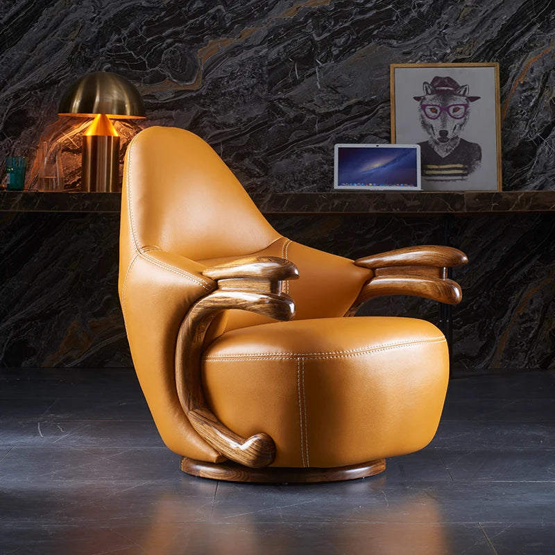 Einzelner Sofastuhl Wohnzimmer Schwarz Gold Holz Freizeit Leicht Luxuriöses Leder Massiv Holz Nordic Einfache High-End-Möbel