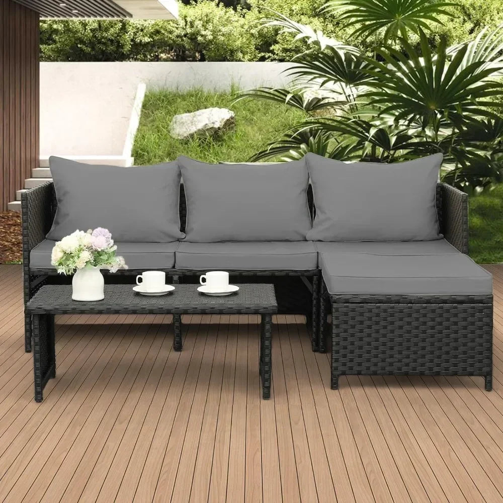 3-Teiliges Outdoor PE Rattan Möbelset Terrasse Schwarz Rattan Couch Gespräch Loveseat Sectional Couch Graue Kissen Garten