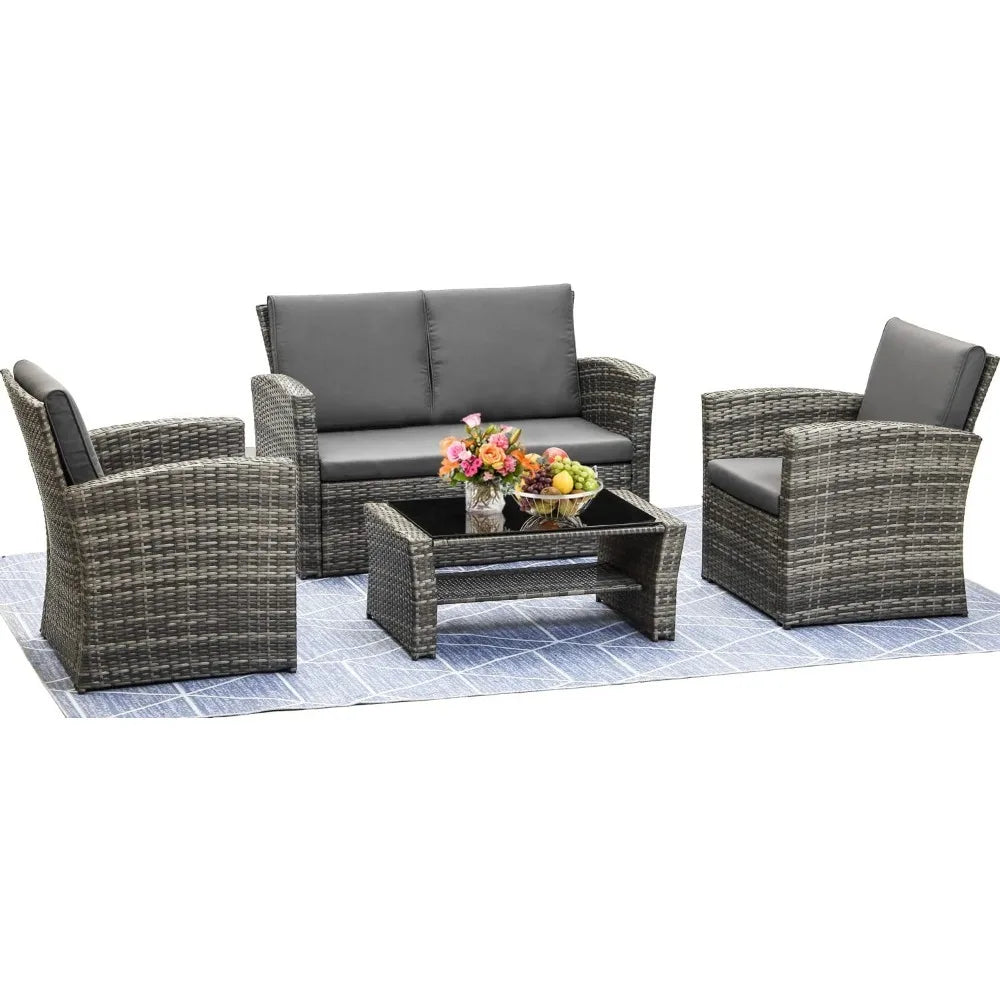 Garten Sofa Set, Wicker Rattan Set mit Tisch & Stuhl