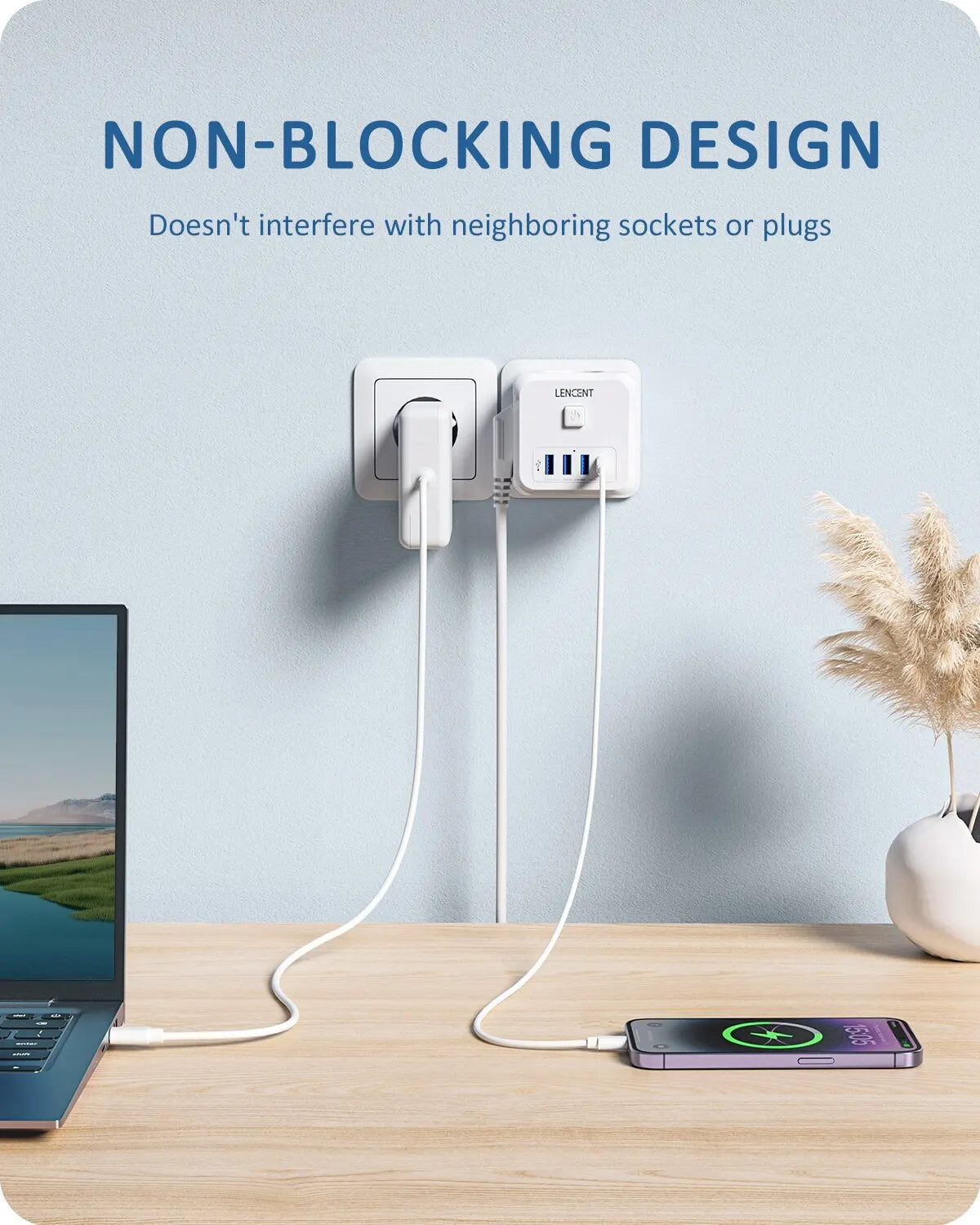 LENCENT Steckdosenverteiler mit 3 AC-Steckdosen 3 USB-Anschlüssen und 1 Typ C 7-in-1 EU-Ladegerät