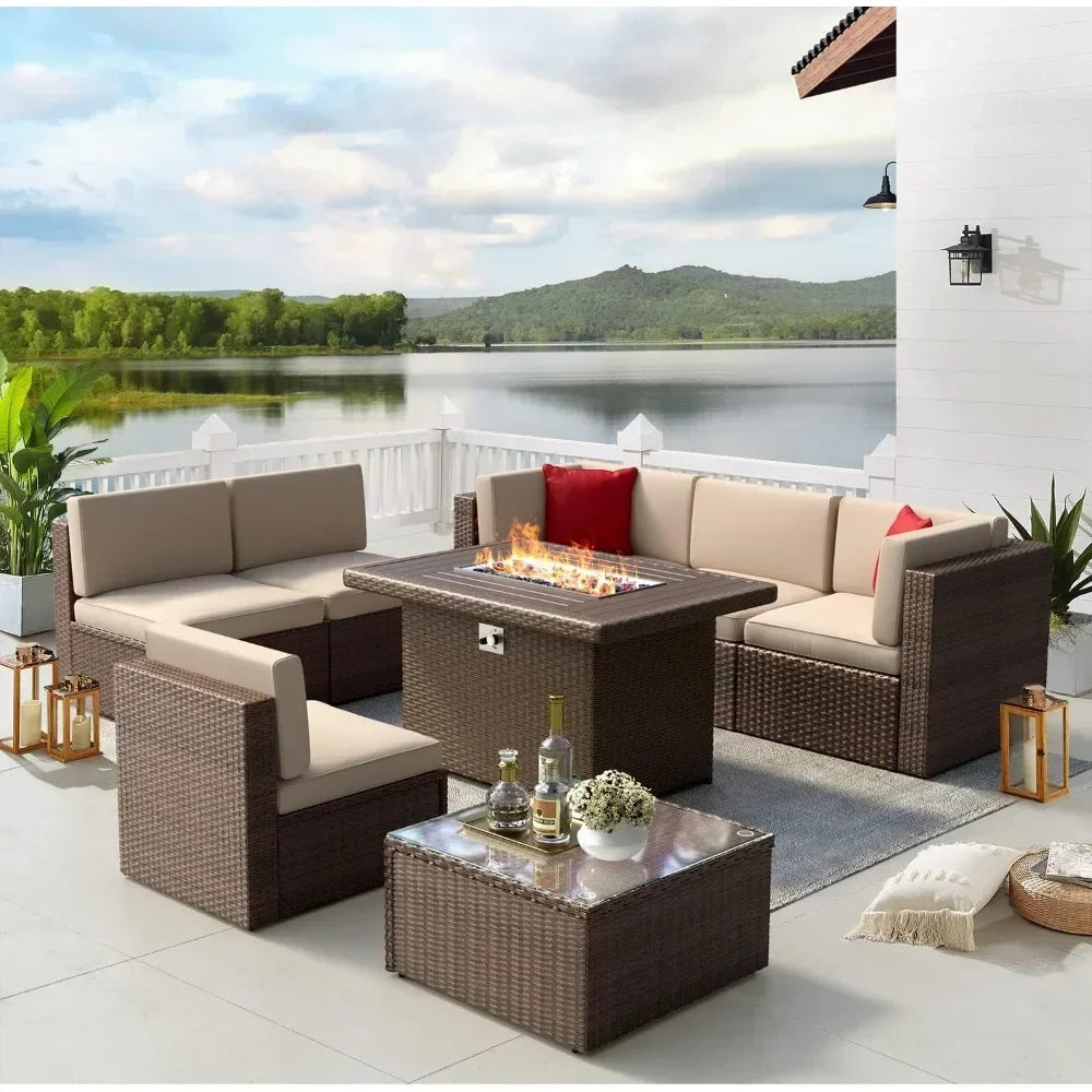 Luxuriöses 8-teiliges Terrassenmöbel-Set mit 40\" Feuertisch - Wicker-Garnitur