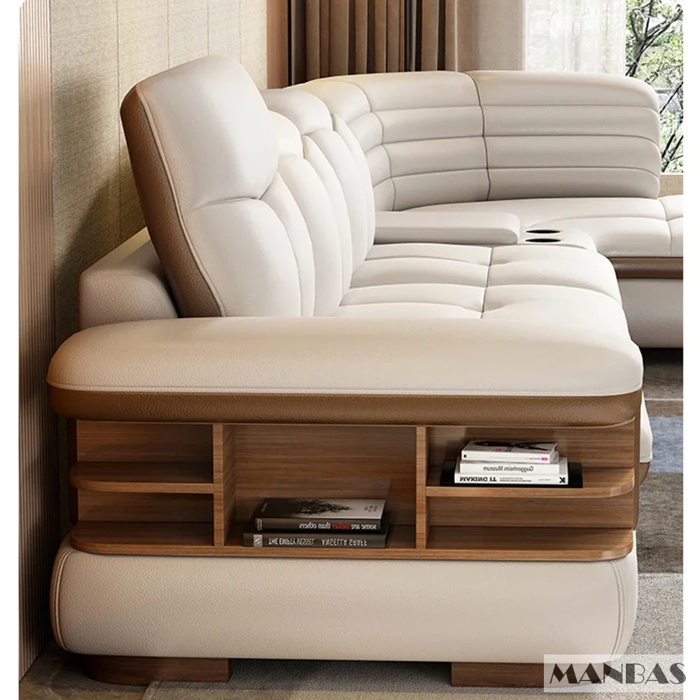 Luxuriöses L-förmiges Echtleder-Sofa mit Bluetooth-Lautsprecher - MINGDIBAO Wohnzimmer italienisches Ledersofa mit Massage