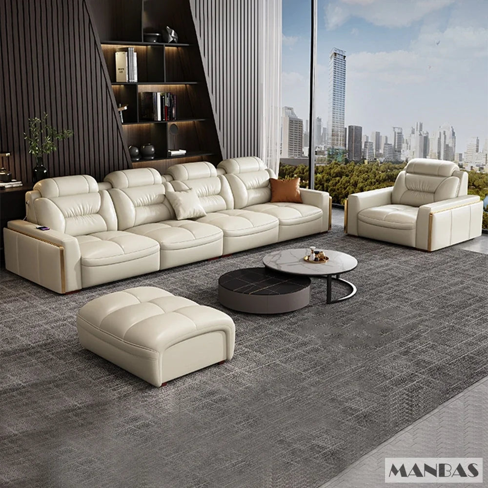 Premiumes Italienisches Echtes Leder Wohnlandschaft Couch Sofas mit USB und Bluetooth Lautsprecher - MANBAS Wohnzimmermöbel
