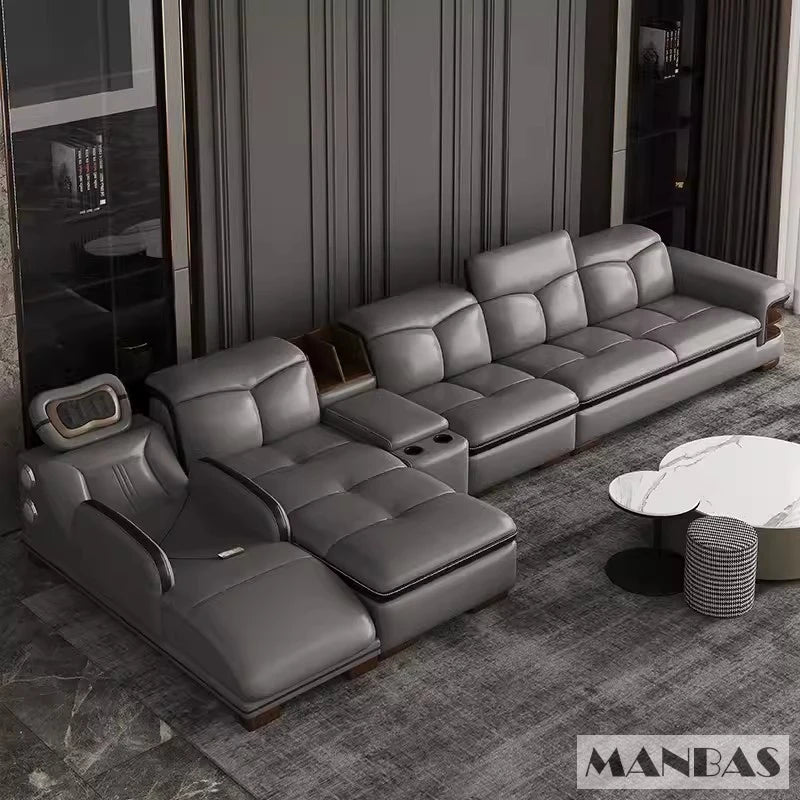 Luxuriöses L-förmiges Echtleder-Sofa mit Bluetooth-Lautsprecher - MINGDIBAO Wohnzimmer italienisches Ledersofa mit Massage
