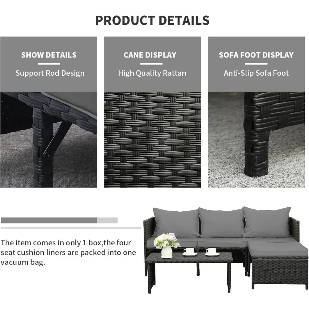 3-Teiliges Outdoor PE Rattan Möbelset Terrasse Schwarz Rattan Couch Gespräch Loveseat Sectional Couch Graue Kissen Garten