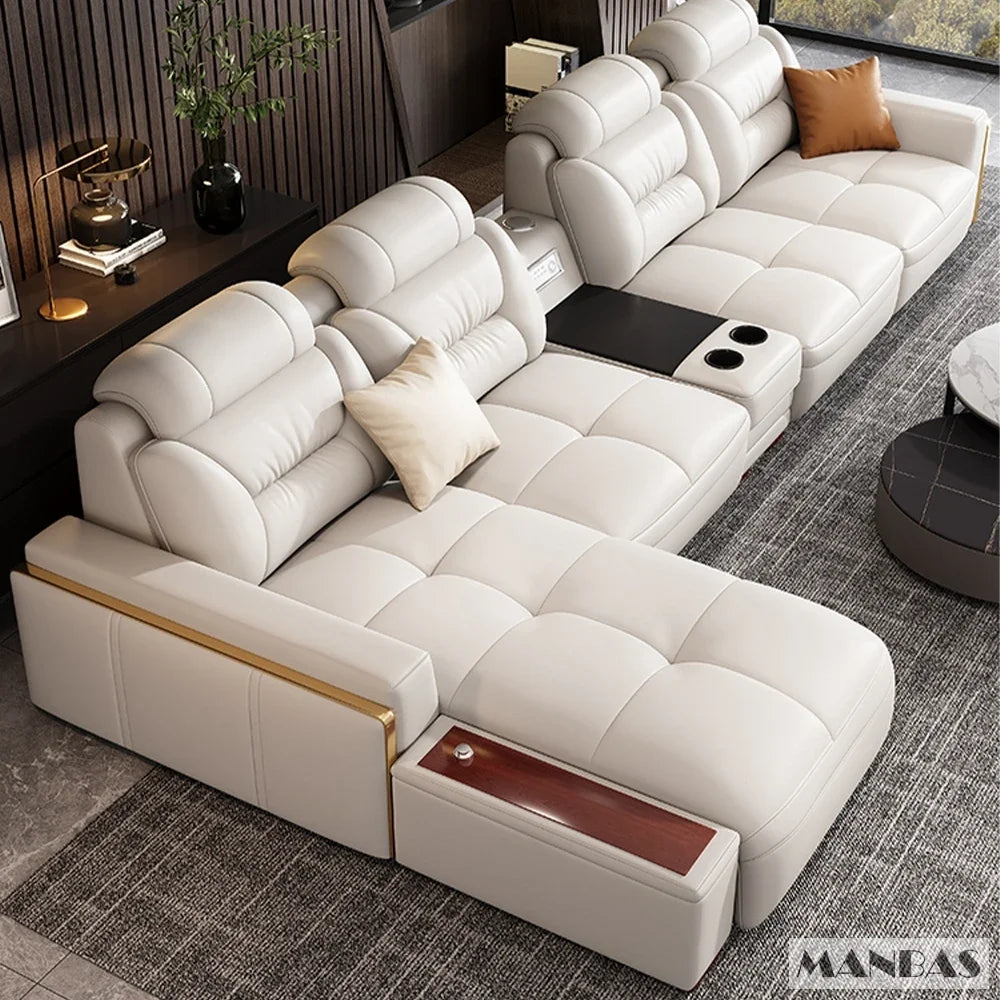 Premiumes Italienisches Echtes Leder Wohnlandschaft Couch Sofas mit USB und Bluetooth Lautsprecher - MANBAS Wohnzimmermöbel