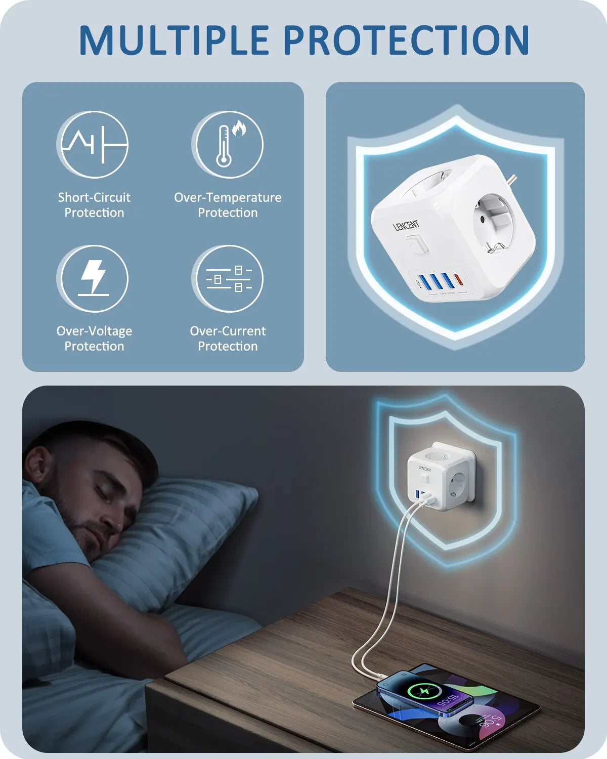 LENCENT Steckdosenverteiler mit 3 AC-Steckdosen 3 USB-Anschlüssen und 1 Typ C 7-in-1 EU-Ladegerät