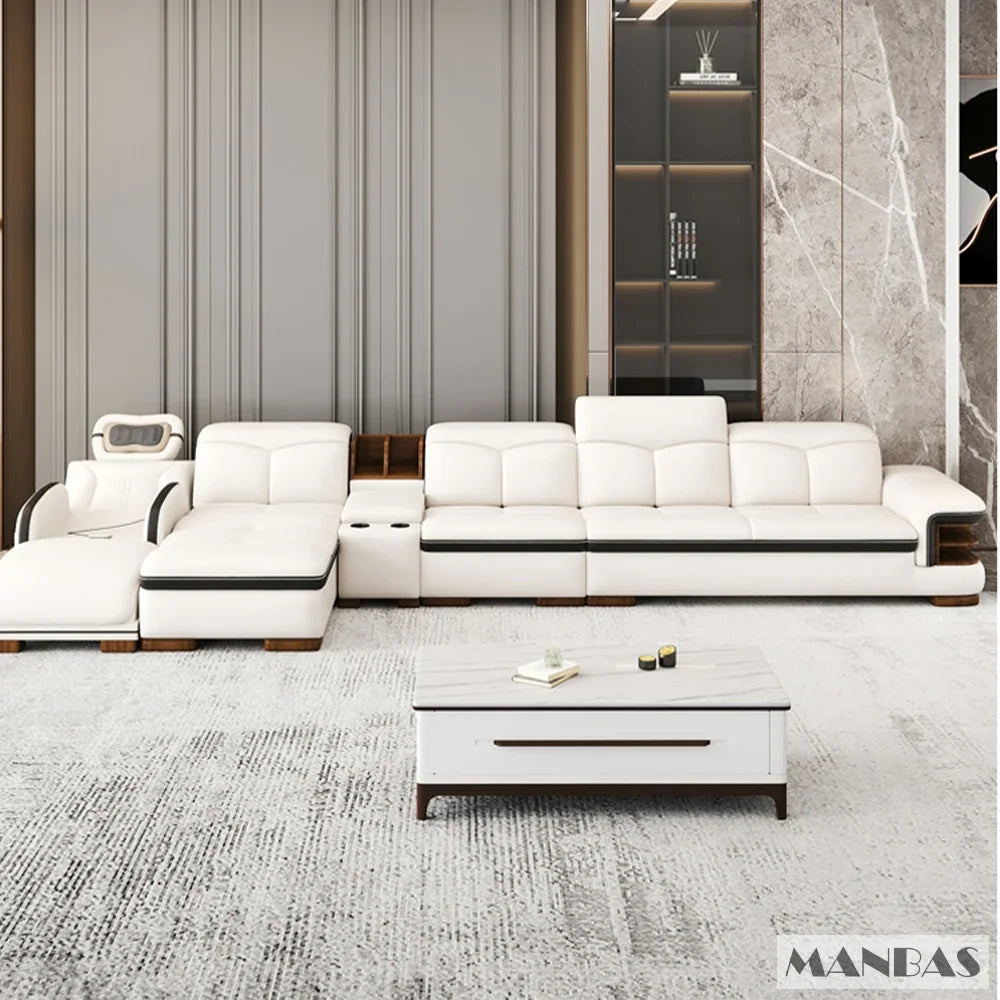 Luxuriöses L-förmiges Echtleder-Sofa mit Bluetooth-Lautsprecher - Linlamlim Wohnzimmer Italienisches Ledersofa mit Massage