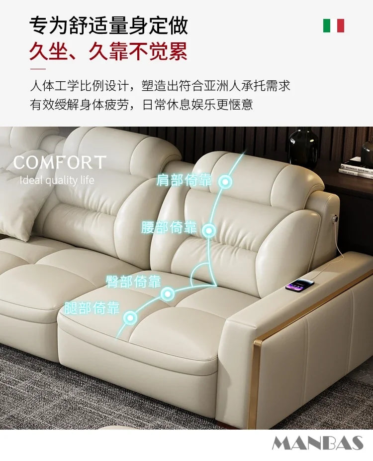 Premiumes Italienisches Echtes Leder Wohnlandschaft Couch Sofas mit USB und Bluetooth Lautsprecher - MANBAS Wohnzimmermöbel