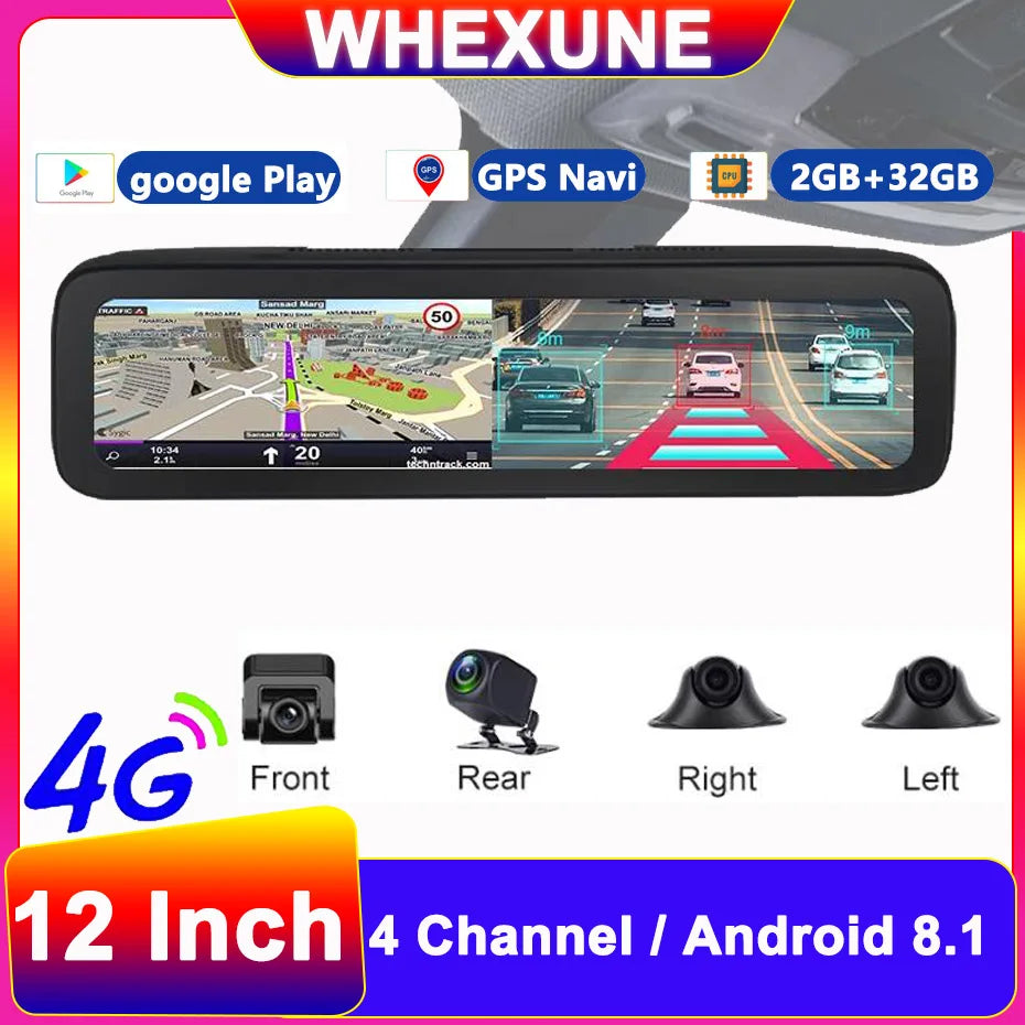 12 Zoll 4-Kanal Linse Dash Cam Auto Video Recorder Android 8.1 GPS 2GB RAM 32GB ROM