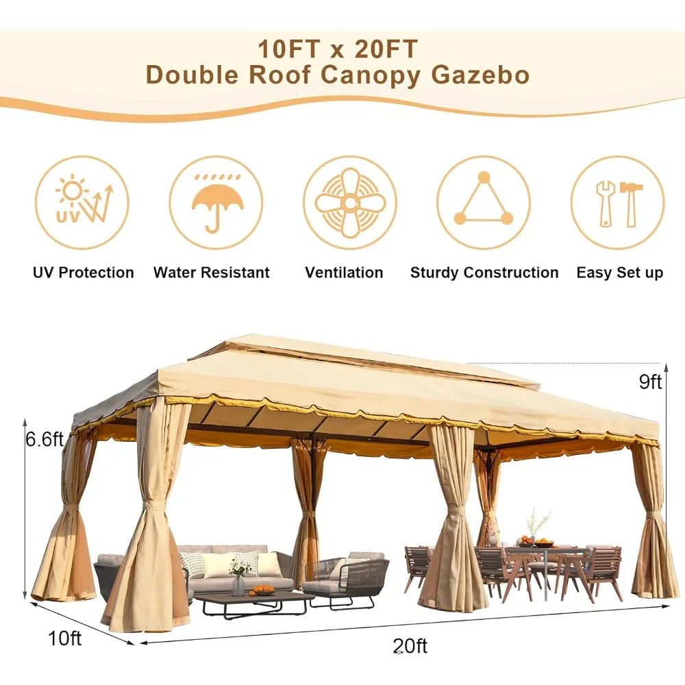 Doppel Dach Patio Gartenzelt, 10x20 Stahlgestell mit Netz und Vorhängen