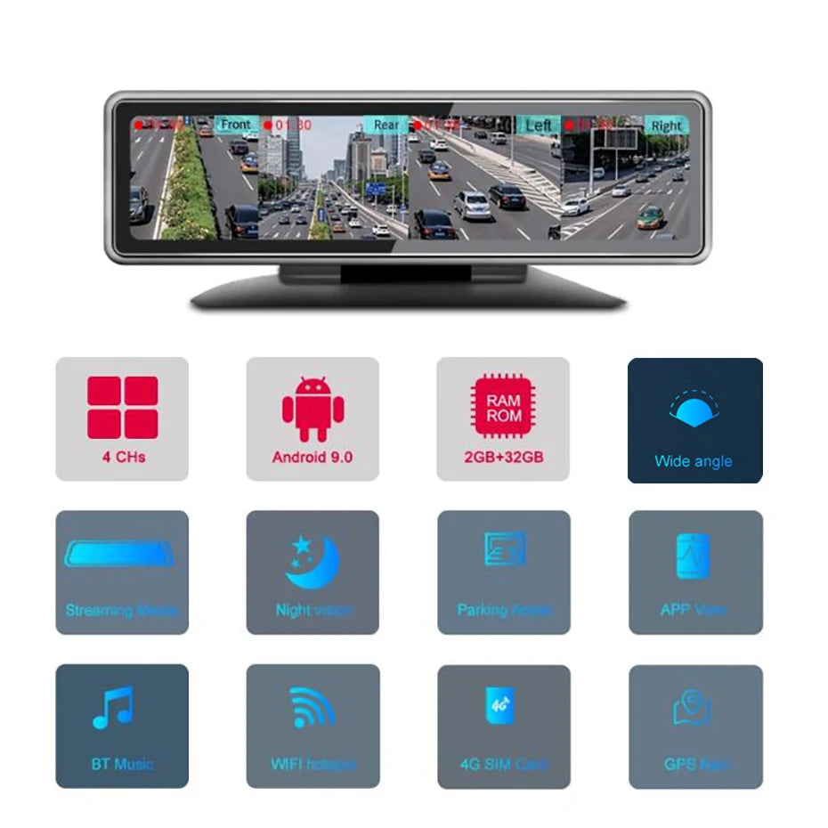 12 Zoll 4-Kanal Linse Dash Cam Auto Video Recorder Android 8.1 GPS 2GB RAM 32GB ROM
