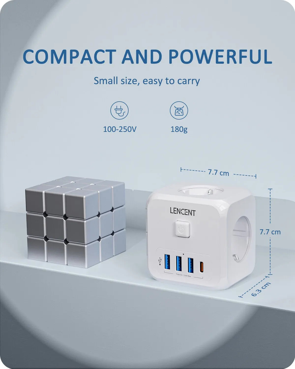 LENCENT Steckdosenverteiler mit 3 AC-Steckdosen 3 USB-Anschlüssen und 1 Typ C 7-in-1 EU-Ladegerät