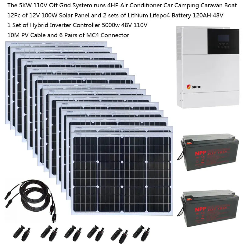 Solar Kit Complete 5KW 5000W 110v 220V PV Panel LiFePO4 Lithium Battery Hybrid Inverter