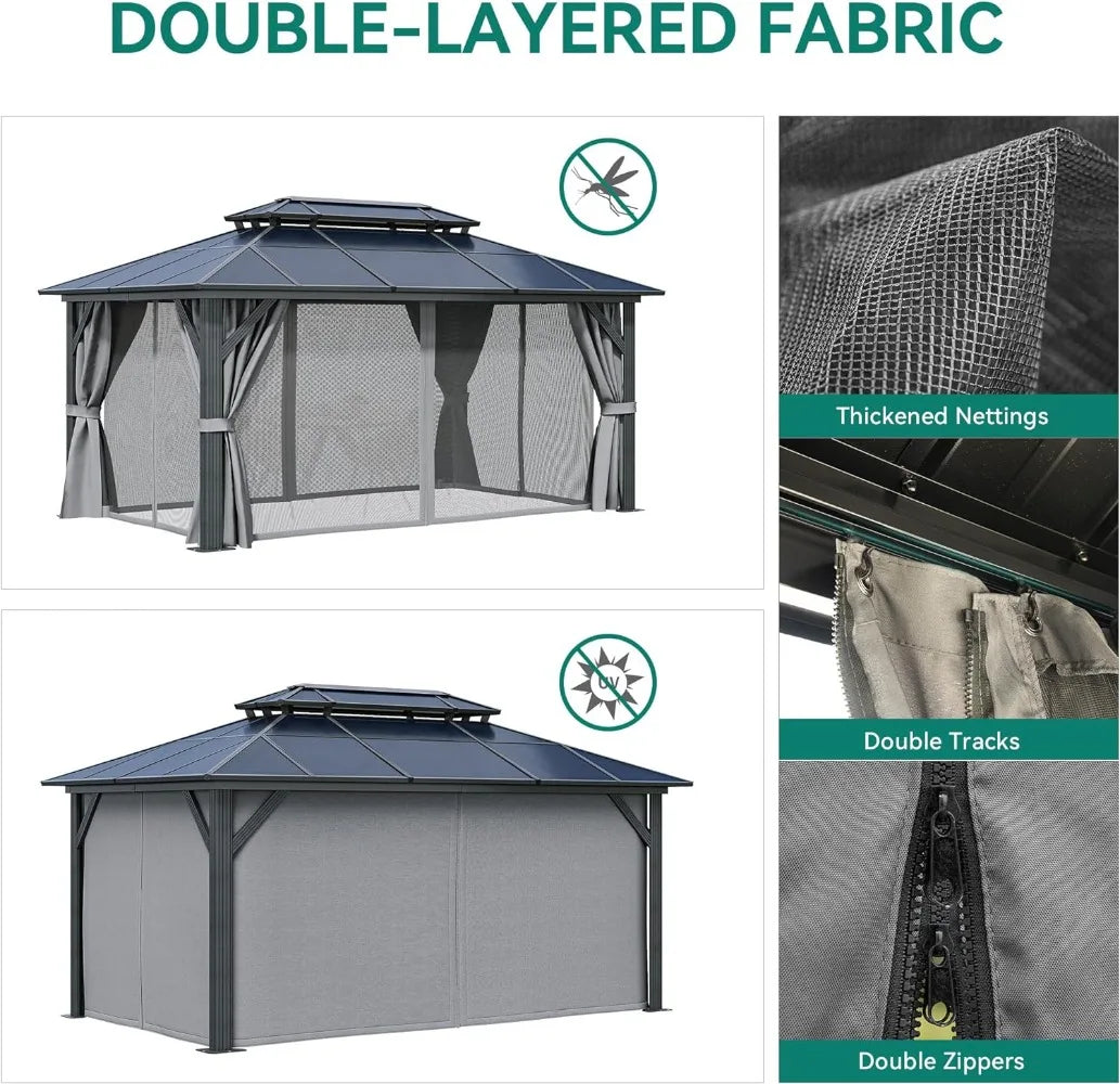 Gartenpavillon aus Polycarbonat mit Doppelstegdach, Netzen und Vorhängen