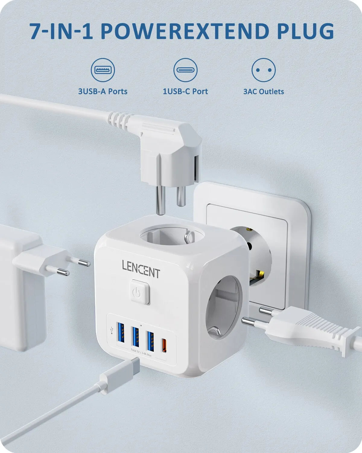 LENCENT Steckdosenverteiler mit 3 AC-Steckdosen 3 USB-Anschlüssen und 1 Typ C 7-in-1 EU-Ladegerät