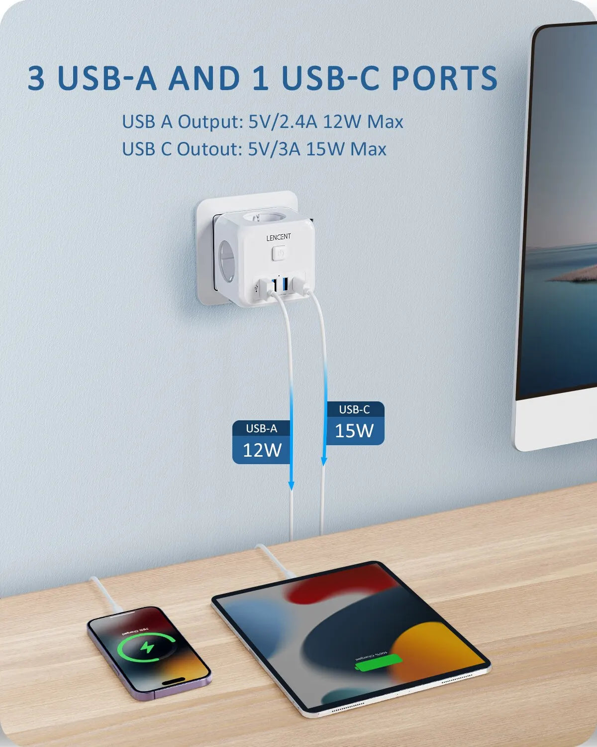 LENCENT Steckdosenverteiler mit 3 AC-Steckdosen 3 USB-Anschlüssen und 1 Typ C 7-in-1 EU-Ladegerät