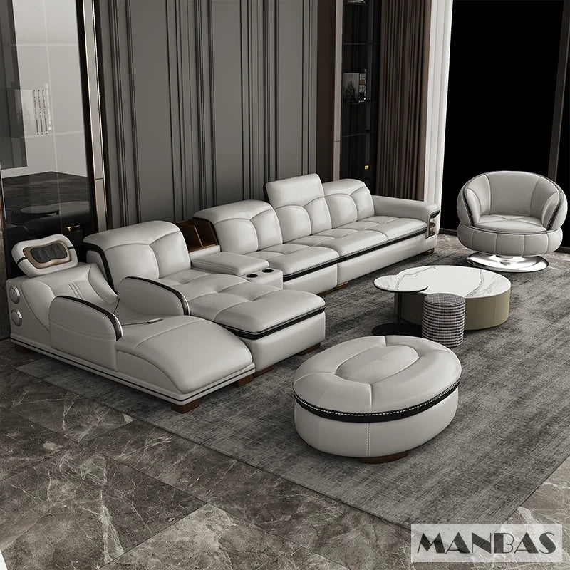 Luxuriöses L-förmiges Echtleder-Sofa mit Bluetooth-Lautsprecher - MINGDIBAO Wohnzimmer italienisches Ledersofa mit Massage