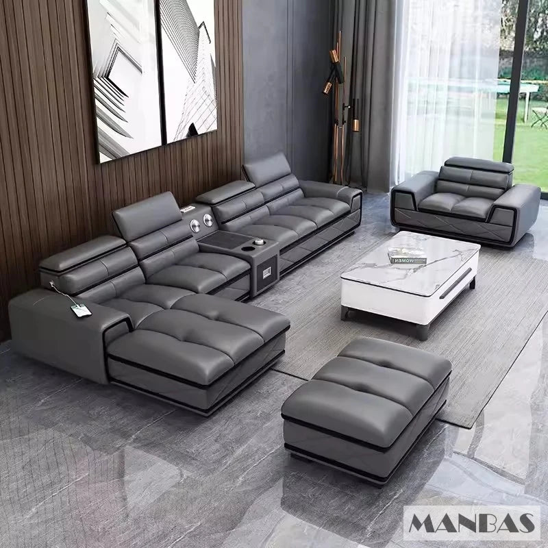 Moderne Echte Leder Ecksofa Sets mit USB-Ladung und Bluetooth-Lautsprecher