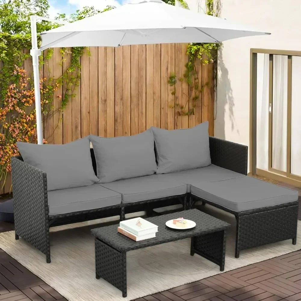 3-Teiliges Outdoor PE Rattan Möbelset Terrasse Schwarz Rattan Couch Gespräch Loveseat Sectional Couch Graue Kissen Garten