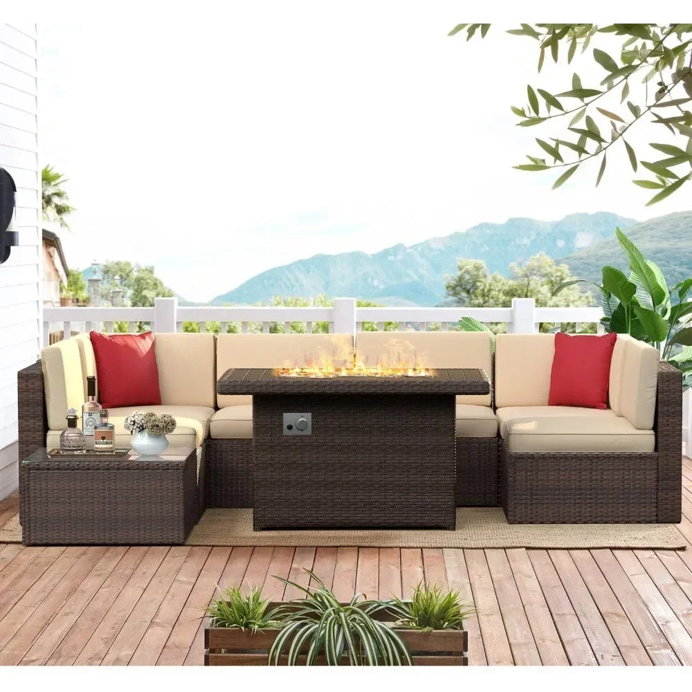 Luxuriöses 8-teiliges Terrassenmöbel-Set mit 40\" Feuertisch - Wicker-Garnitur