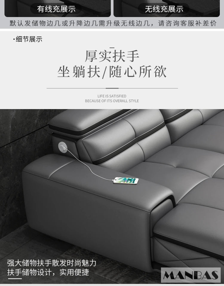 Moderne Echte Leder Ecksofa Sets mit USB-Ladung und Bluetooth-Lautsprecher