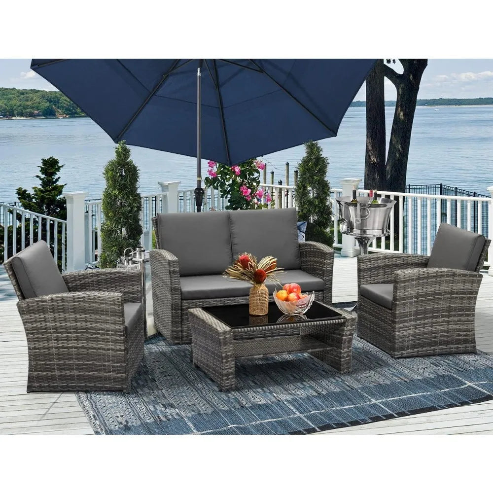 Garten Sofa Set, Wicker Rattan Set mit Tisch & Stuhl