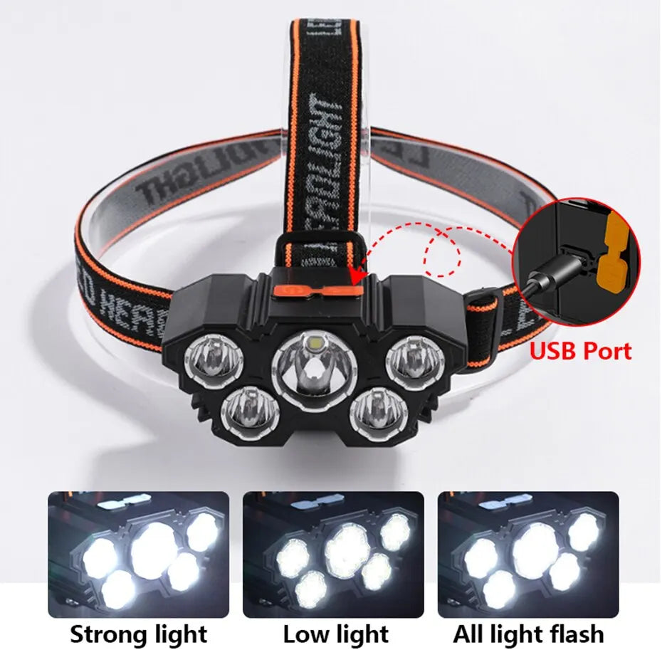 5 LED Stirnlampe Wiederaufladbar mit integriertem 18650 Batterie Starkes Licht Stirnleuchte Camping Abenteuer Angeln Taschenlampe