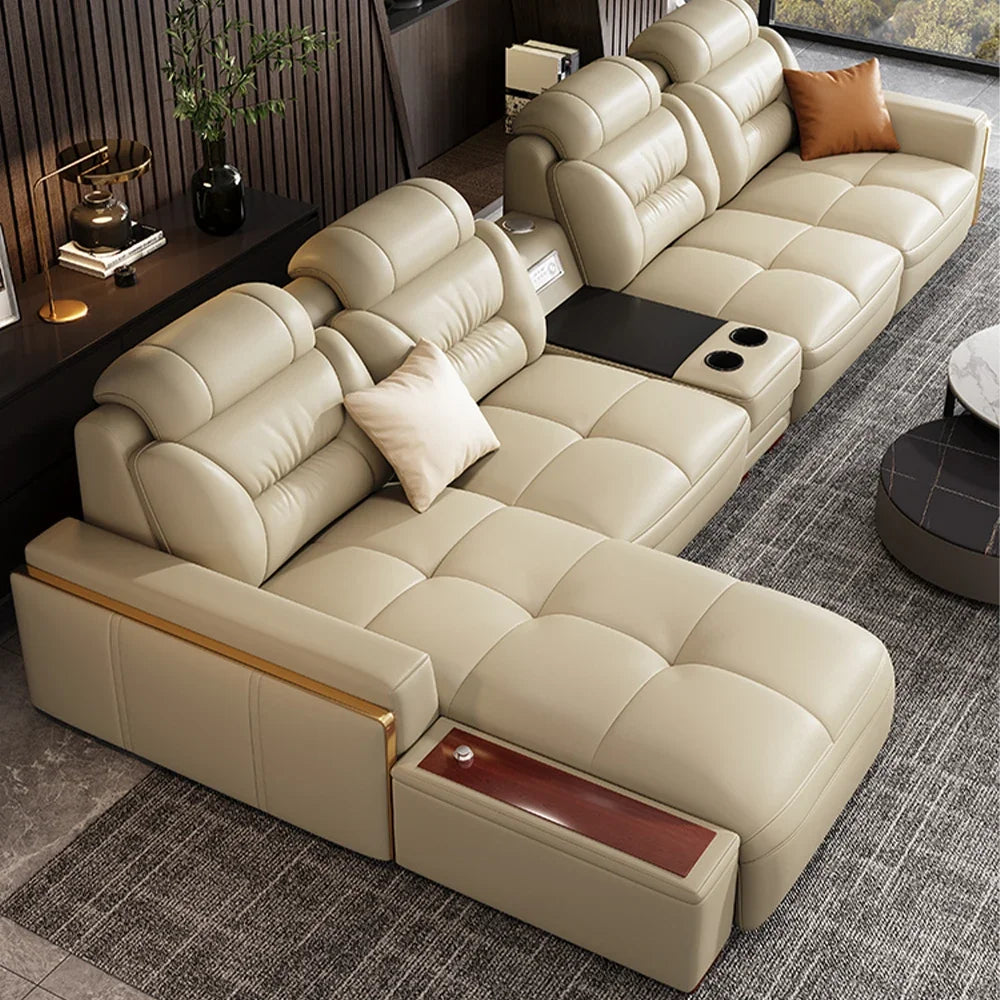 Premiumes Italienisches Echtes Leder Wohnlandschaft Couch Sofas mit USB und Bluetooth Lautsprecher - MANBAS Wohnzimmermöbel