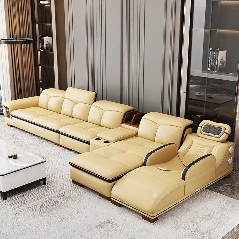Luxuriöses L-förmiges Echtleder-Sofa mit Bluetooth-Lautsprecher - MINGDIBAO Wohnzimmer italienisches Ledersofa mit Massage
